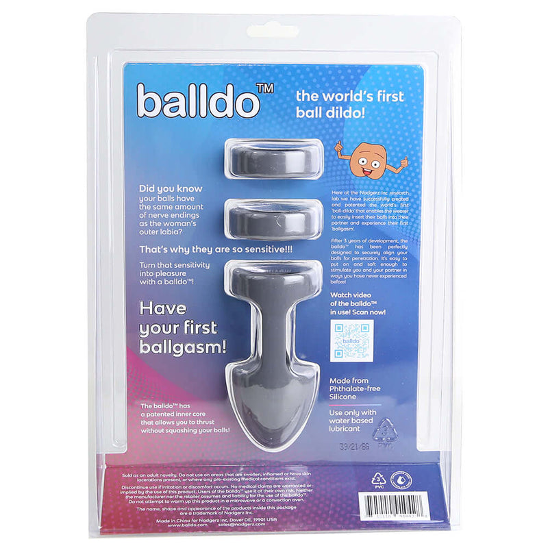Balldo Set Steel Grey Penis Balls Sleeve packaging featuring instructions for use and product details.