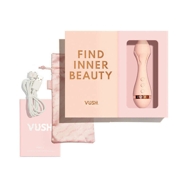 VUSH Rose 2 Precision Bullet Vibrator in packaging with charging cable and instructional card.