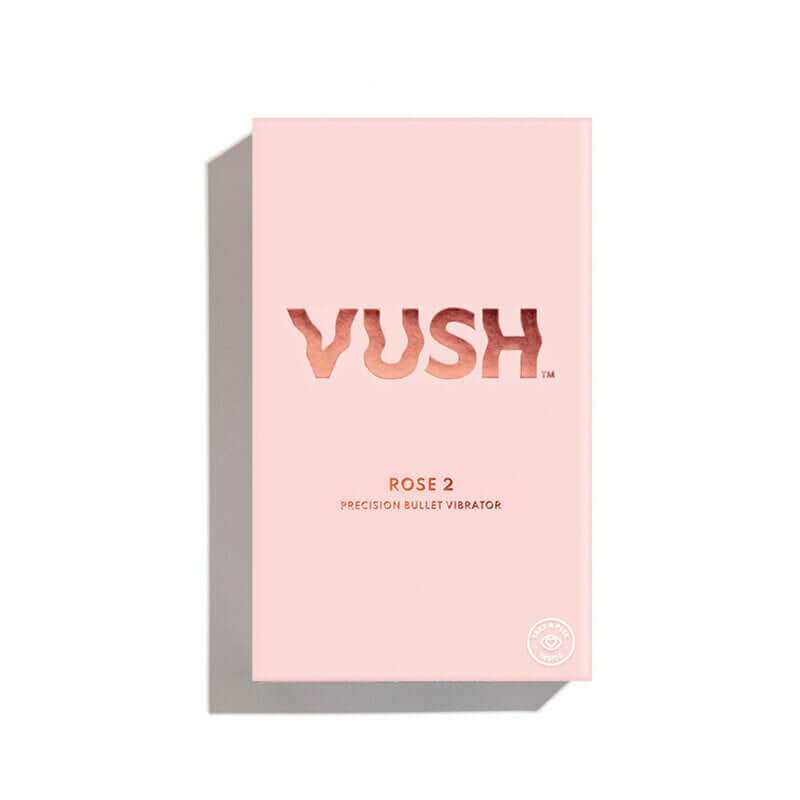 VUSH Rose 2 Precision Bullet Vibrator packaging design in soft pink with elegant lettering.