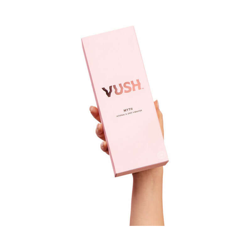 VUSH Myth Internal G-Spot Vibrator packaging held in hand, showcasing sleek design and branding.