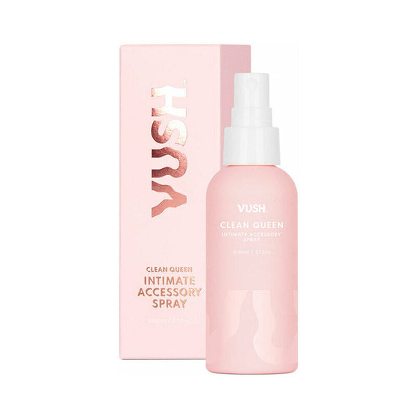 VUSH Clean Queen Intimate Accessory Spray 2.7 Oz in a pink bottle with a sleek design and box packaging.