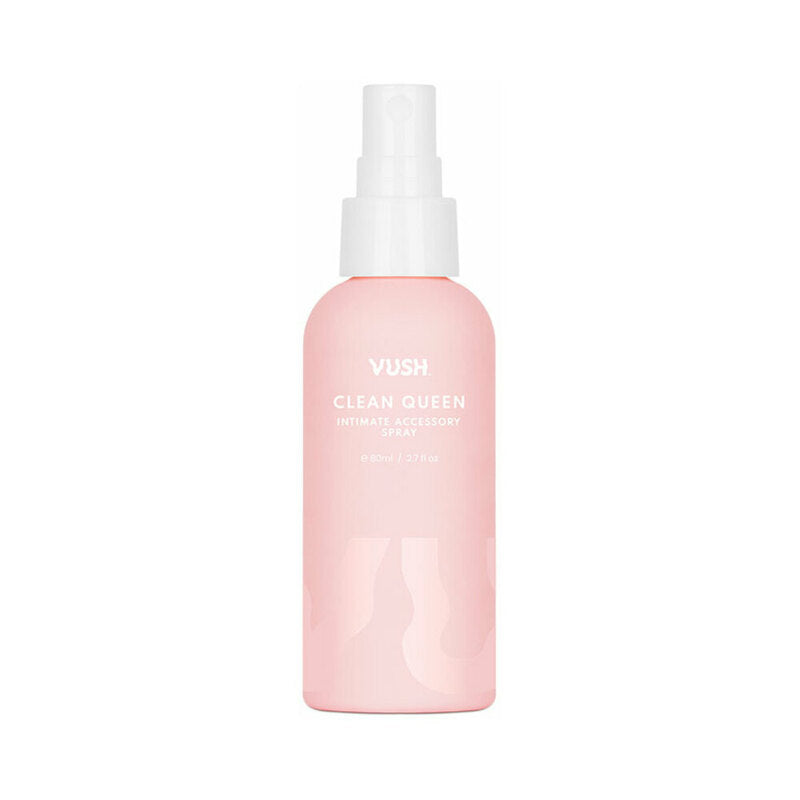 VUSH Clean Queen Intimate Accessory Spray 2.7 Oz in a pink bottle with a spray nozzle.