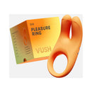 VUSH Orb Pleasure Ring Vibrator shown with packaging, highlighting its sleek design and orange color.