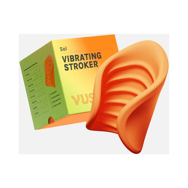 VUSH SOL Vibrating Stroker packaging with the product featuring ribbed texture for enhanced pleasure.