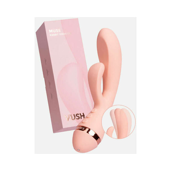 VUSH Muse Rabbit Vibrator with packaging, featuring dual stimulation points and flexible design for optimal pleasure.