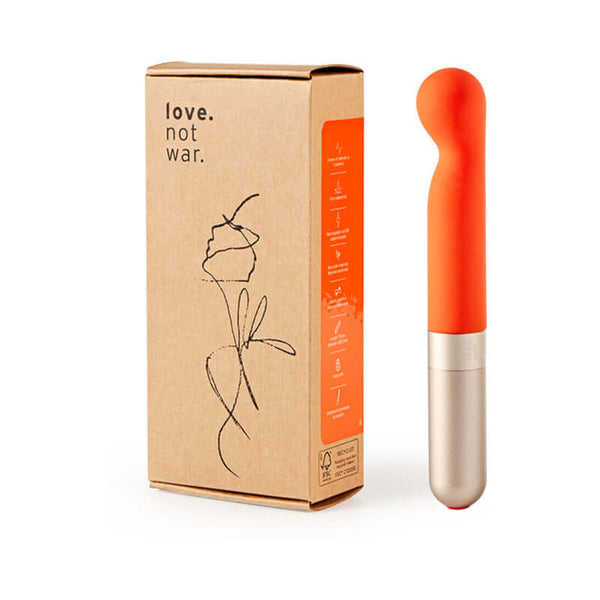 Love Not War Kama Orange Massager next to its packaging, showcasing its vibrant design and unique shape.
