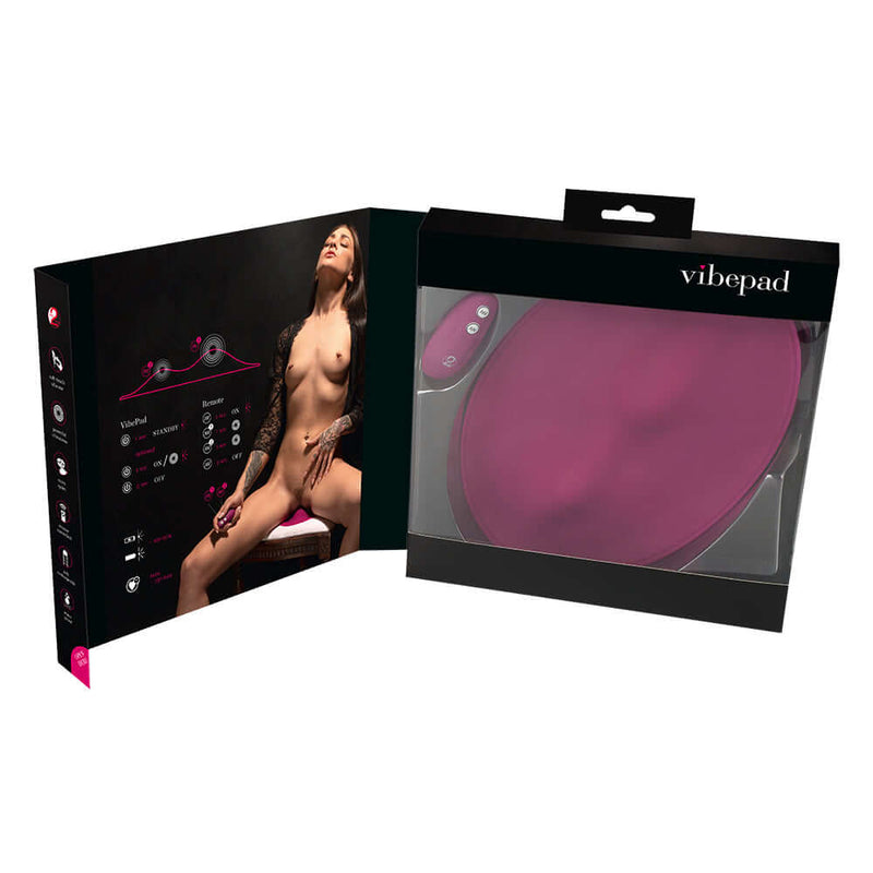 VibePad Hands Free External Vibrator packaging featuring the device and instructions for use.