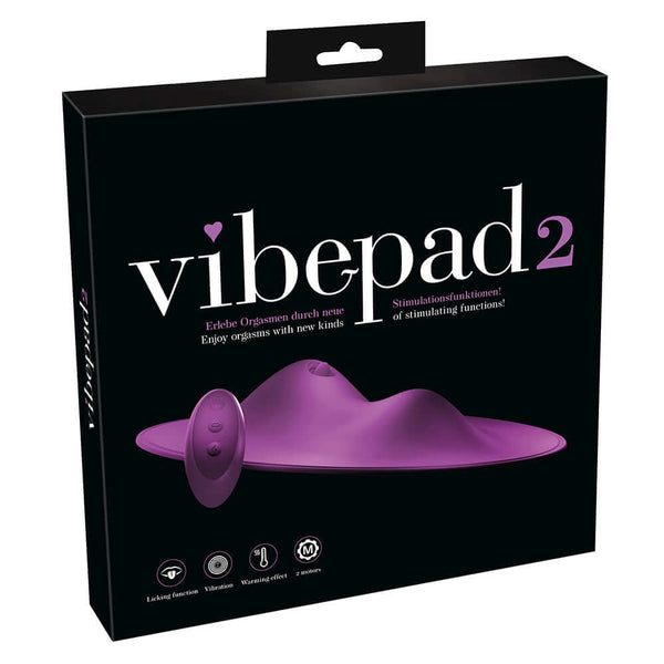 VibePad 2 packaging showcasing the innovative external stimulator with ergonomic design and various pleasure functions.