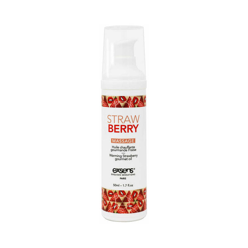 Exsens Warming Massage Oil Strawberry 1.7 Oz bottle with pump, flavored massage gel for intimate moments.