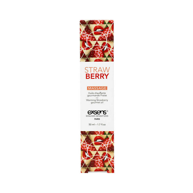 Exsens Warming Massage Oil Strawberry 1.7 Oz packaging with strawberry design and product details.