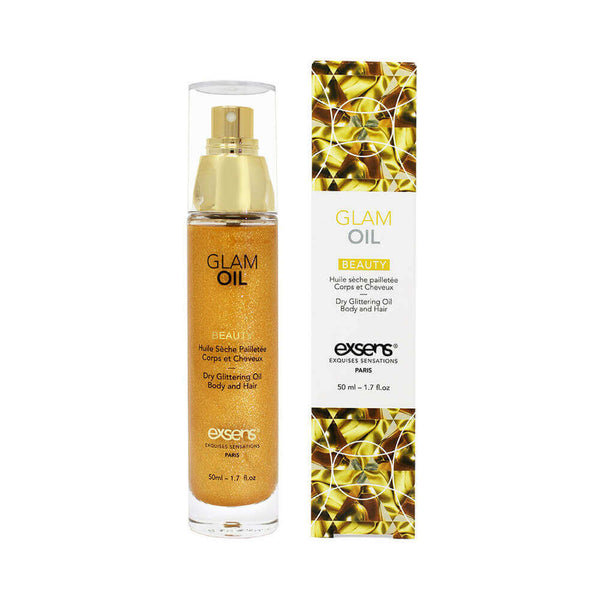Exsens Glam Dry Glittering Oil 1.7 Oz luxurious body oil with a golden shimmer effect in a spray bottle.