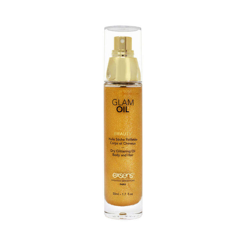 Exsens Glam Dry Glittering Oil 1.7 Oz in a glass bottle with gold accents for body and hair hydration.