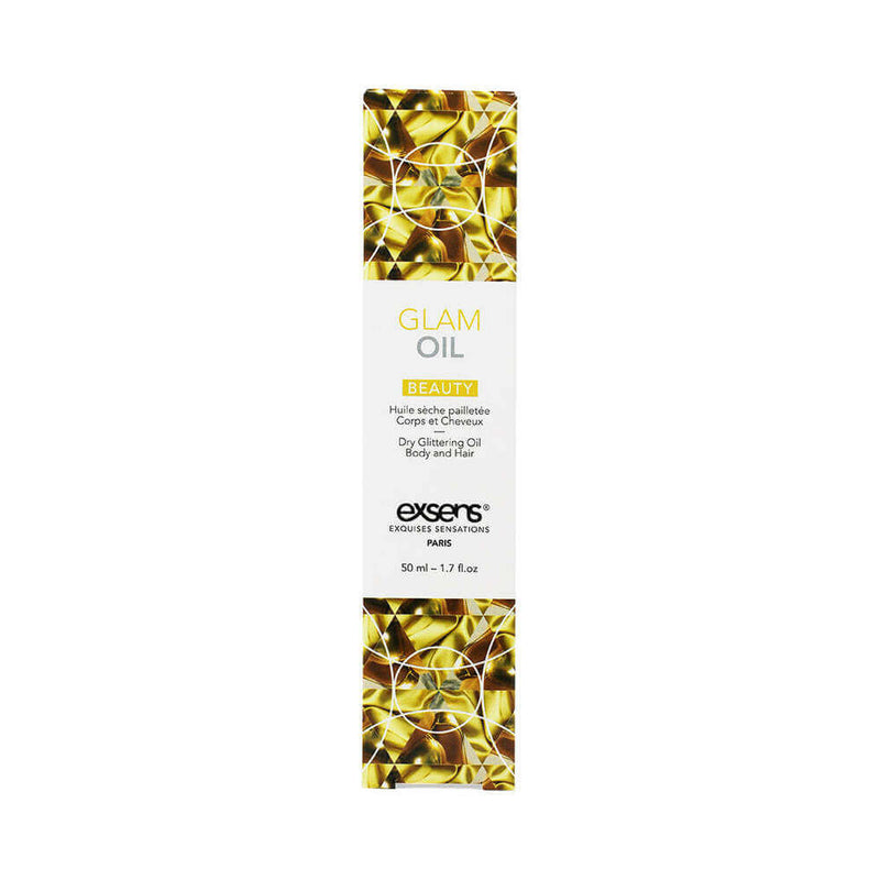 Exsens Glam Dry Glittering Oil 1.7 Oz packaging showcasing luxurious body and hair oil for radiant glow.