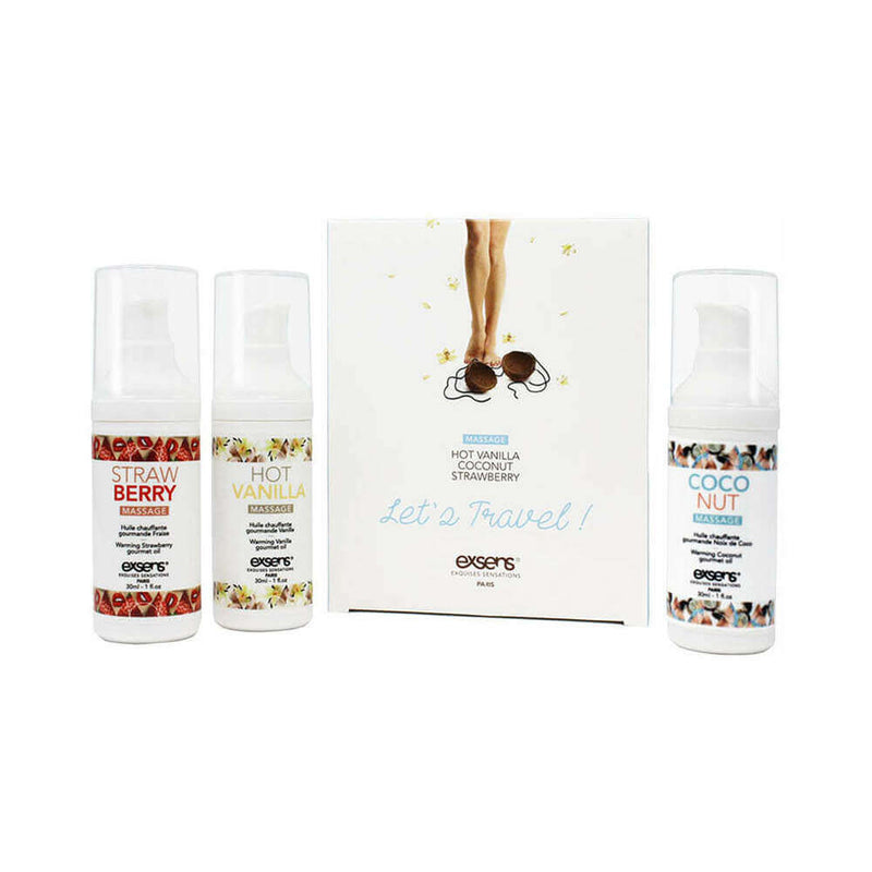 Exsens Lets Travel Massage Gel Kit including three flavored warming gels: Straw Berry, Hot Vanilla, and Coco Nut.