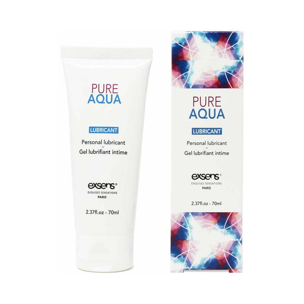 Exsens Pure Aqua Personal Lubricant 2.4 Oz packaging and tube displayed, highlighting its water-based formula.