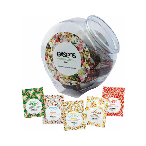 Exsens Warming Oil Foils 150 Piece Fishbowl Display showcasing various flavors in an attractive clear fishbowl.