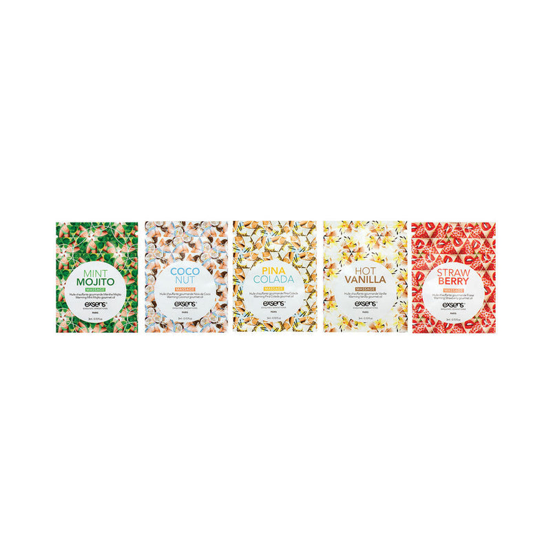 Exsens Warming Oil Foils 150 Piece Fishbowl Display featuring Mint Mojito, Coco Lanu, Pina Colada, Hot Vanilla, and Straw Berry.
