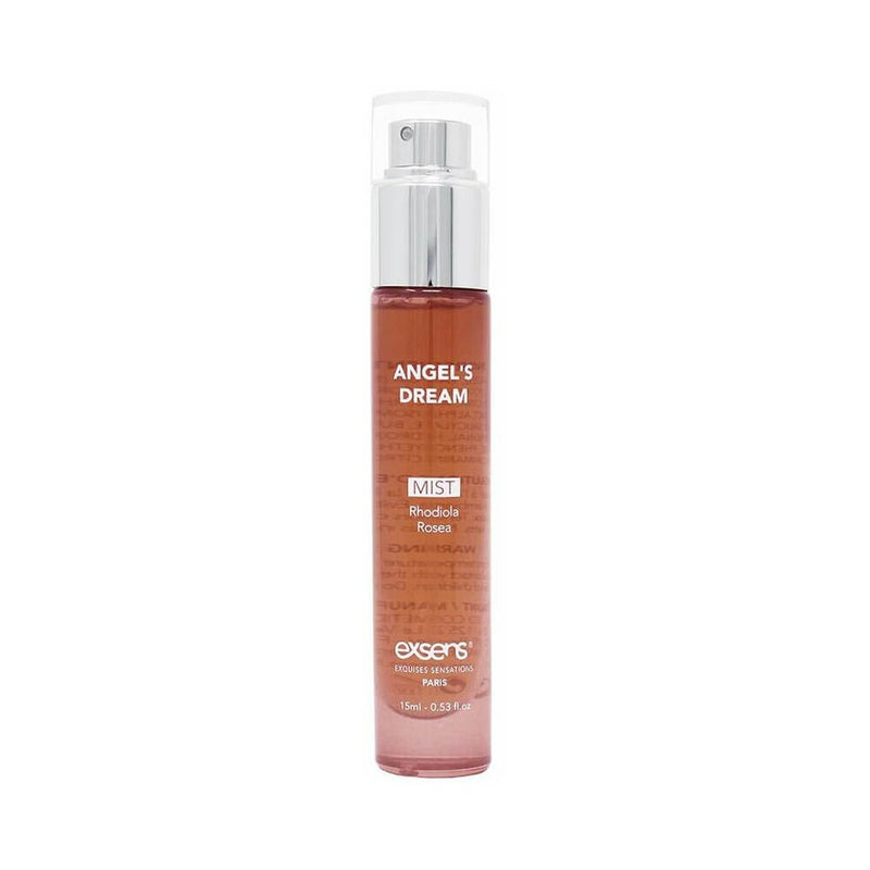 Exsens Pheromone Mist Angels Dream 0.5 Oz in a clear bottle with a spray top, featuring Rhodiola Rosea.