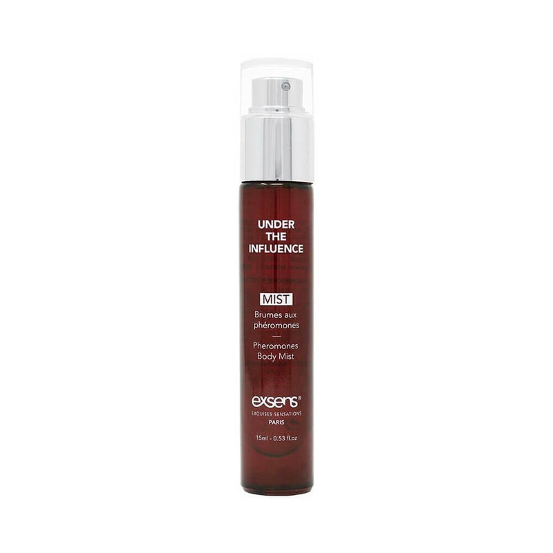 Exsens Pheromone Mist Under the Influence 0.5 Oz in a sleek spray bottle, designed to enhance attraction.