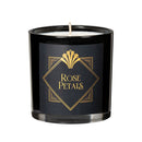 Olivia's Boudoir Massage Candle Rose Petals 6.5 Oz in a black container with gold label.