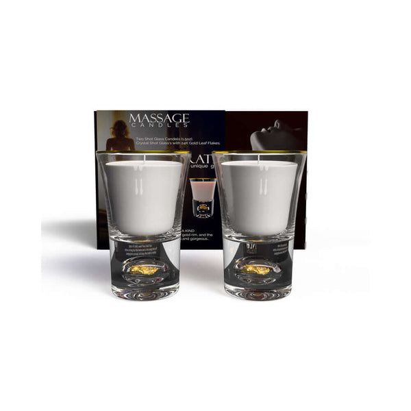 NEO Sensual Celebrate Massage Candle Set 1.5 Oz with handcrafted crystal shot glasses.