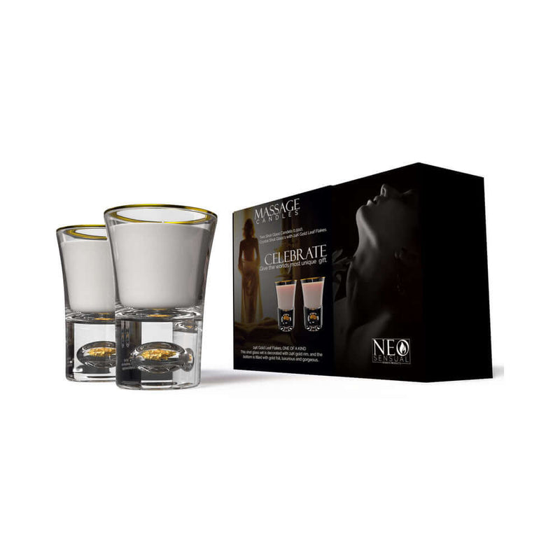 NEO Sensual Celebrate Massage Candle Set 1.5 Oz featuring crystal shot glasses and elegant packaging.