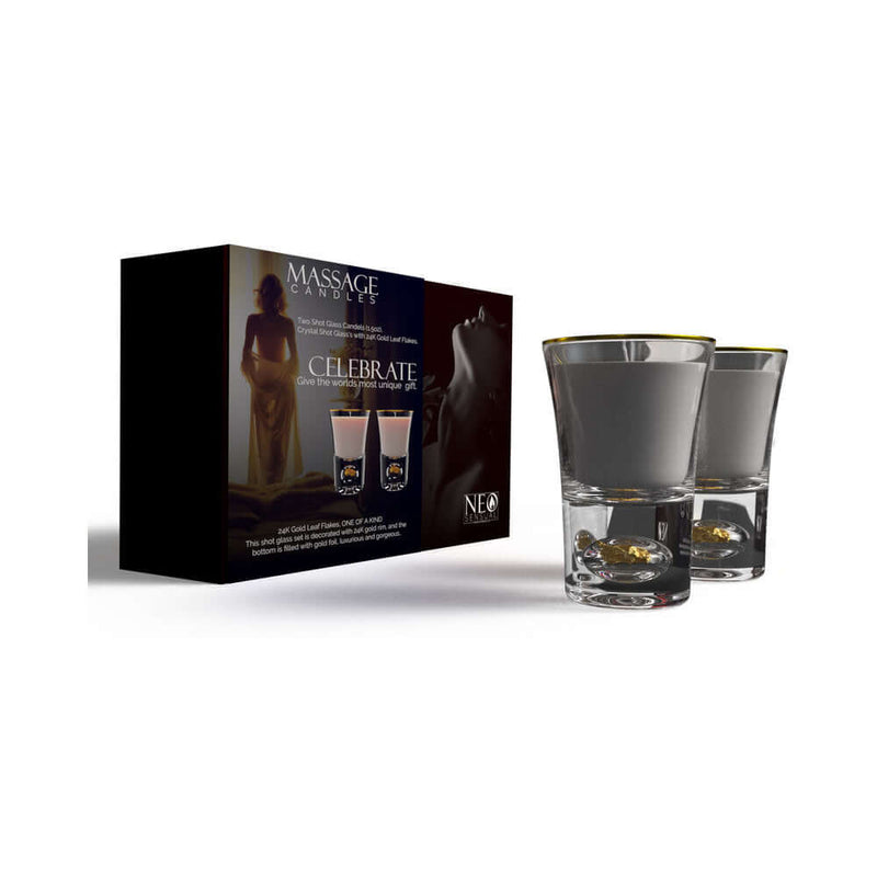 NEO Sensual Celebrate Massage Candle Set 1.5 Oz with crystal shot glasses packaging and product design.