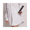 Model holding Strap-on-me Geisha Ball Dildo XL Black in a white shirt, showcasing its sleek design and material.