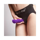 Model holding Strap-On-Me Geisha Ball Dildo XL Purple in black underwear, showcasing its vibrant color and design.