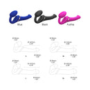 Strap-on-me Multi Orgasm Bendable Strapless Strap-on Black alongside blue and fuchsia options, size measurements included.