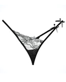 Adore Pixie Lace Thong Panty Black One Size featuring sheer lace, strappy details, and satin bows.