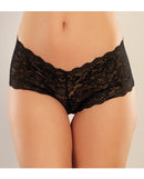 Adore Candy Apple Crotchless Panty Black One Size showcasing a lace design with an open crotch for a sultry look.