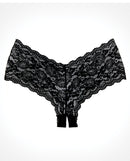 Adore Candy Apple Crotchless Panty Black One Size lace booty short with open crotch design.