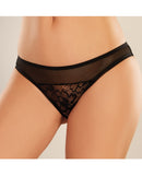 Adore Just a Rumor Open Crotch Bikini Panty Black showcasing sheer mesh and floral lace details.