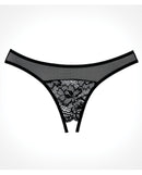 Adore Just a Rumor Open Crotch Bikini Panty Black with sheer mesh and floral lace details.