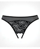 Adore Just a Rumor Open Crotch Bikini Panty Black featuring sheer mesh and floral lace details.