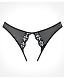 Adore Mirabelle Plum Crotchless Panty Black One Size featuring sheer mesh and crochet lace design.