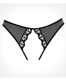 Adore Mirabelle Plum Crotchless Panty Black One Size featuring sheer mesh and ornate crochet lace trim.