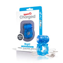 Charged BigO Rechargeable Vibrating Cock Ring Blue in packaging with USB charging cable, showcasing its beginner-friendly design.