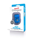 Charged BigO Rechargeable Vibrating Cock Ring Blue packaging showing features and benefits for beginners.