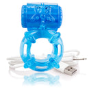 Charged BigO Rechargeable Vibrating Cock Ring Blue with charging cable for convenient power and comfort.