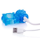 Charged BigO Rechargeable Vibrating Cock Ring Blue with USB charging cable.