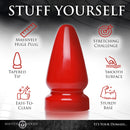 Master Series Anal Destructor Small Butt Plug Red displayed with features: tapered tip, smooth surface, sturdy base.