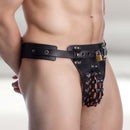Safety Net Leather Male Chastity Belt with Plug Harness worn by a man, showcasing leather pouch and secure design.