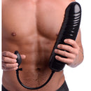 Master Series XXL 12.5 Inch Inflatable Dildo Black held by a person, showcasing its pump and flexible design.