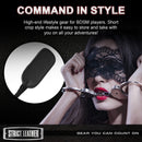 Strict Leather Short Riding Crop showcased with a model in a blindfold and handcuffs, perfect for BDSM adventures.