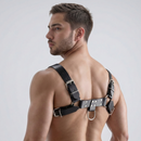 Strict Leather English Bull Dog Chest Harness Black displayed on a model, showcasing its leather and metal design.