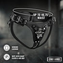 Strict Leather Corset Back Strap On Dildo Harness Black features a lace-up design with adjustable straps for secure fit.