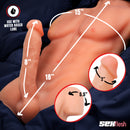 SexFlesh Chiseled Chad Male Love Doll showing dimensions: 8 inch shaft, 15 inch torso, and 18 inch total height.