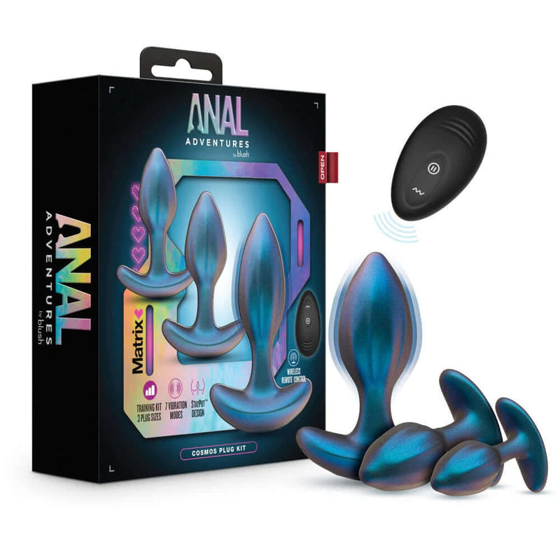 Anal Adventures Matrix Cosmos Plug Kit Lunar Blue with vibrating remote-controlled silicone plugs in progressive sizes.